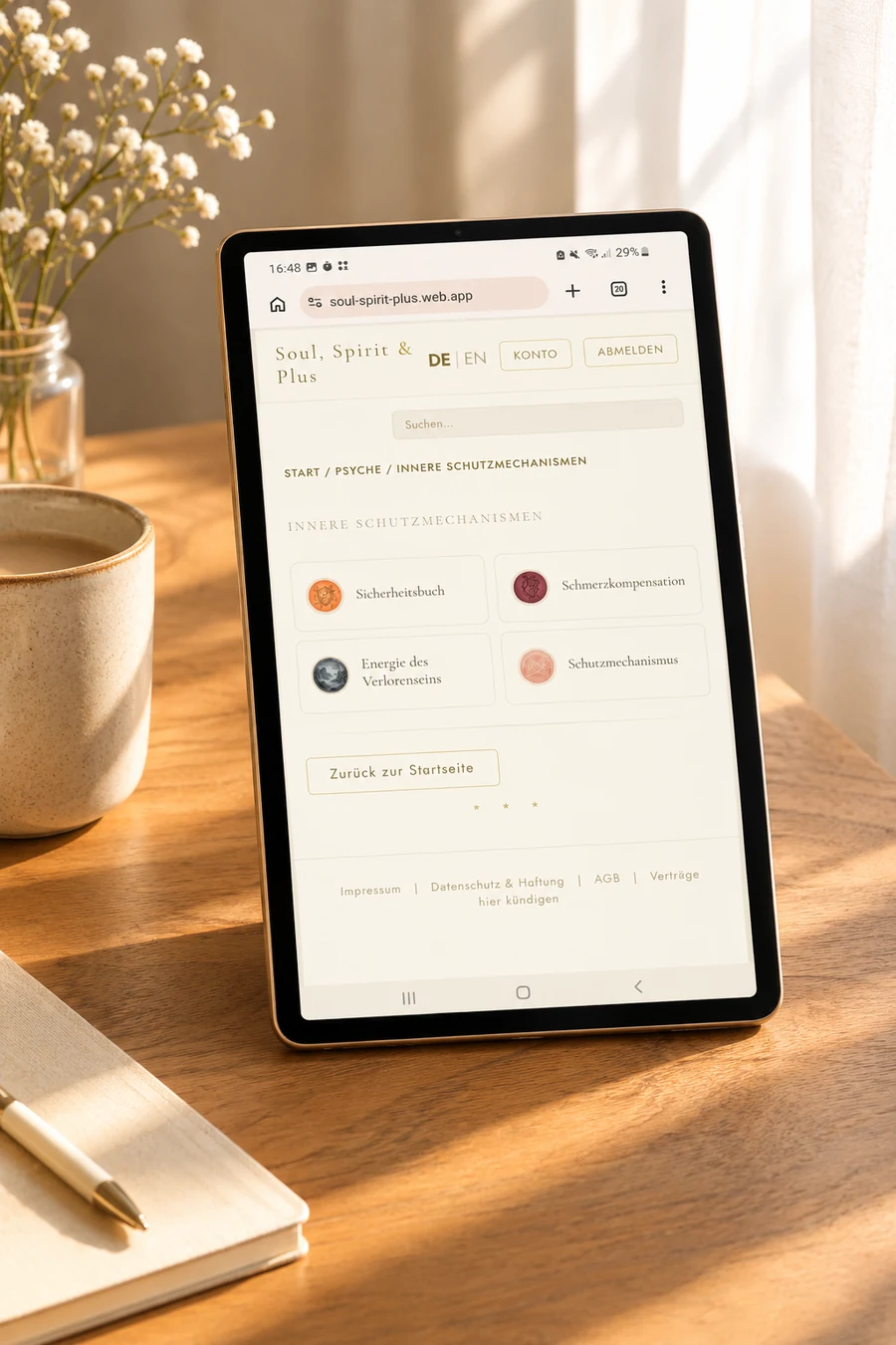 Die App auf einem Tablet: die Unterkategorien von Innere Schutzmechanismen