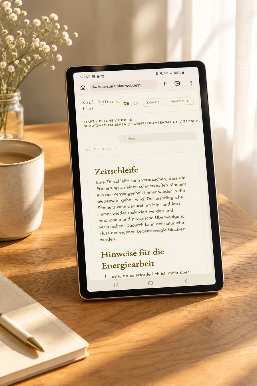 Die App auf einem Tablet auf einem Holztisch, geöffnet bei einem Eintrag
