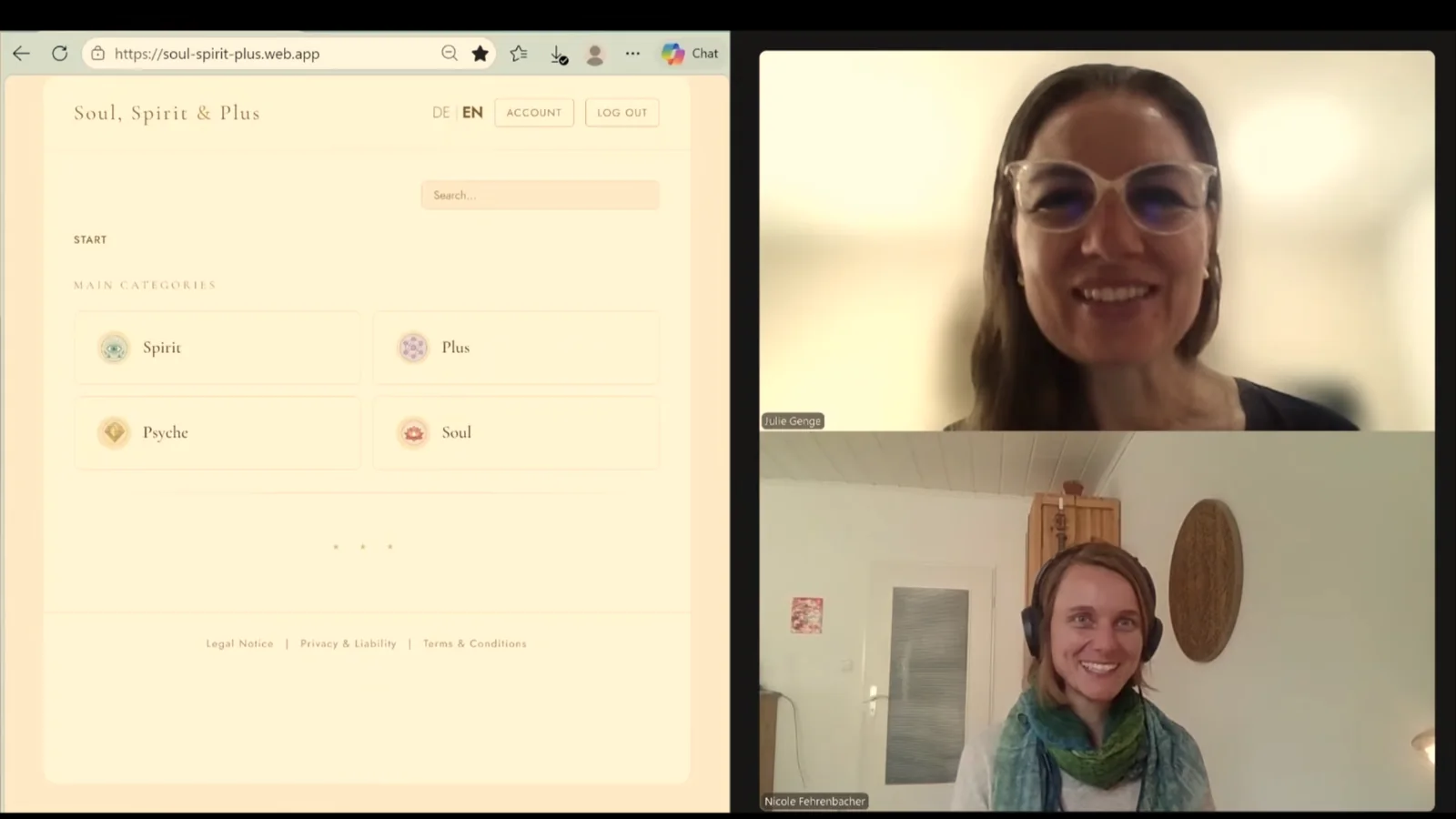 Standbild aus der aufgezeichneten Session: links die geöffnete App mit den vier Bereichen, rechts Julie Genge und Nicole Fehrenbacher im Videogespräch