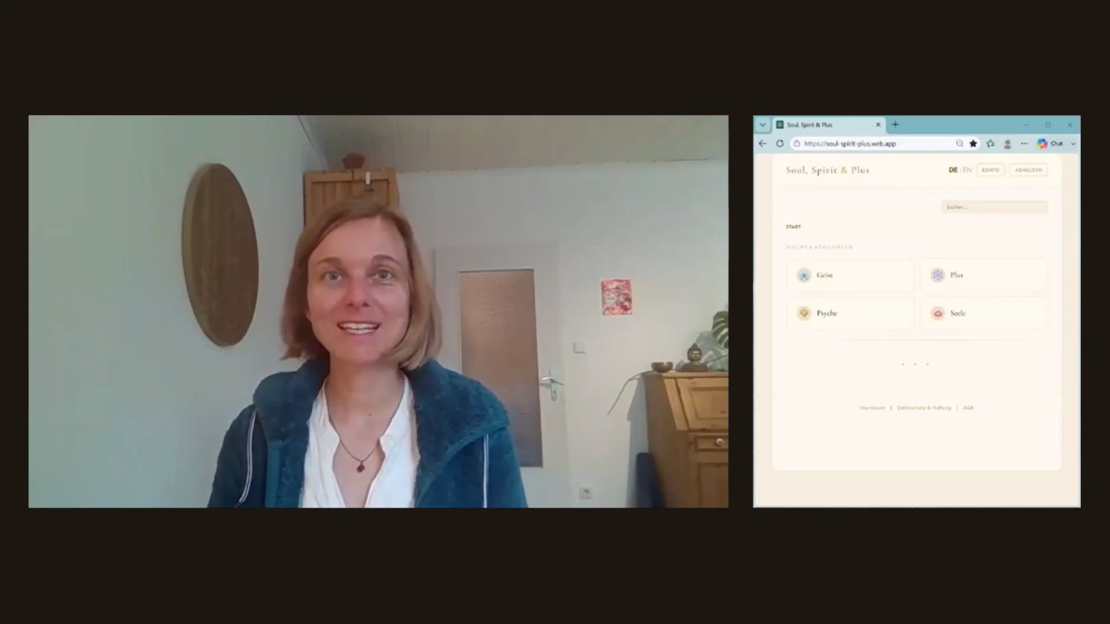 Standbild aus dem Erklärvideo: links Nicole Fehrenbacher, rechts die geöffnete App mit den vier Bereichen